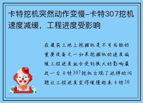 卡特挖机突然动作变慢-卡特307挖机速度减缓，工程进度受影响